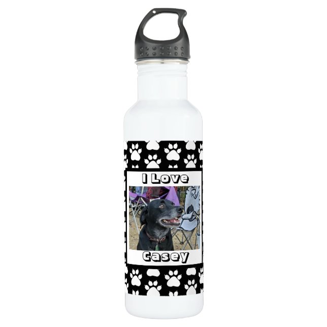 Customized Pet Photo and Paw Print Stainless Steel Water Bottle (Front)