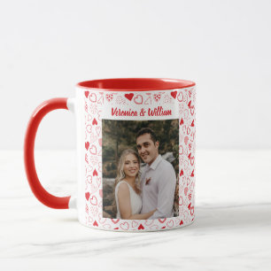Customized photo and names heart patterned mug