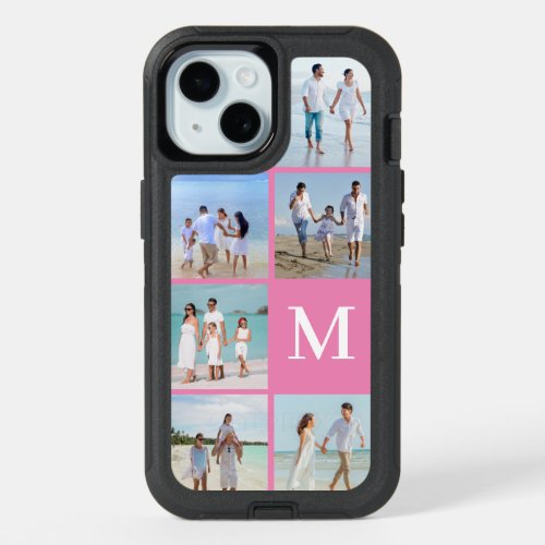 Customized photo collage Pink initial monogram iPhone 15 Case