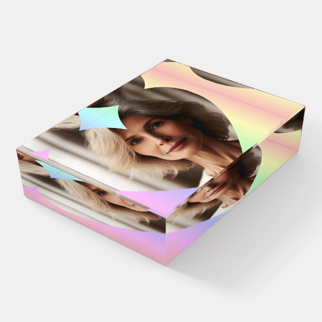 Customized Photo on Soft Pastel Rainbow Heart Paperweight (Angled)