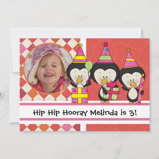 Customized Photo Penguins Birthday Invitation (Front)