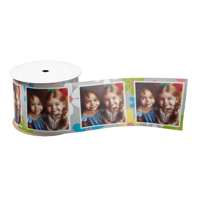 Customized Photo Ribbon White Silver Spring Floral (Spool)