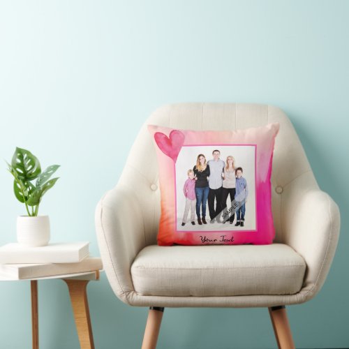 Customized Photo Watercolor Pink Heart Love Throw Pillow