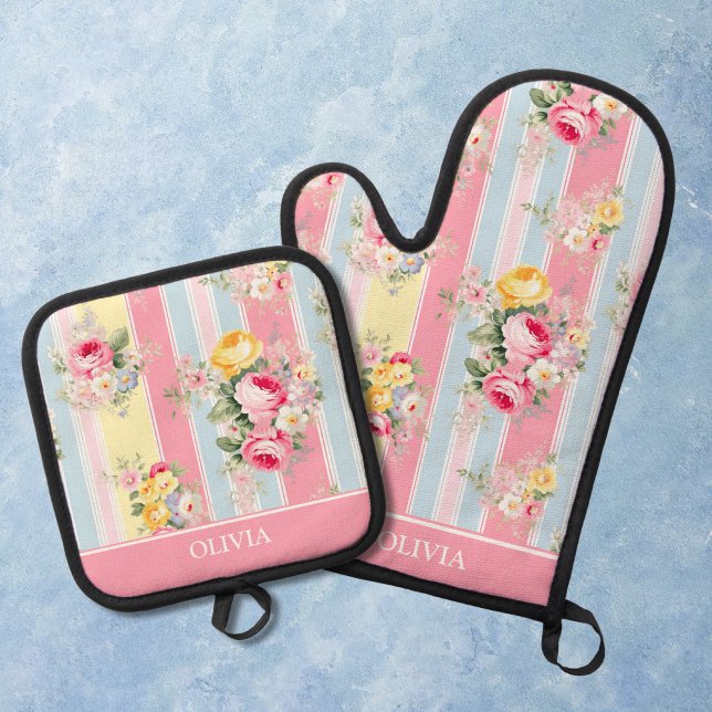 Customized Pink Floral Striped Oven Mitt & Pot Holder Set (Creator Uploaded)