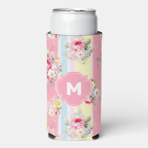 Customized Pink Floral Striped Seltzer Can Cooler