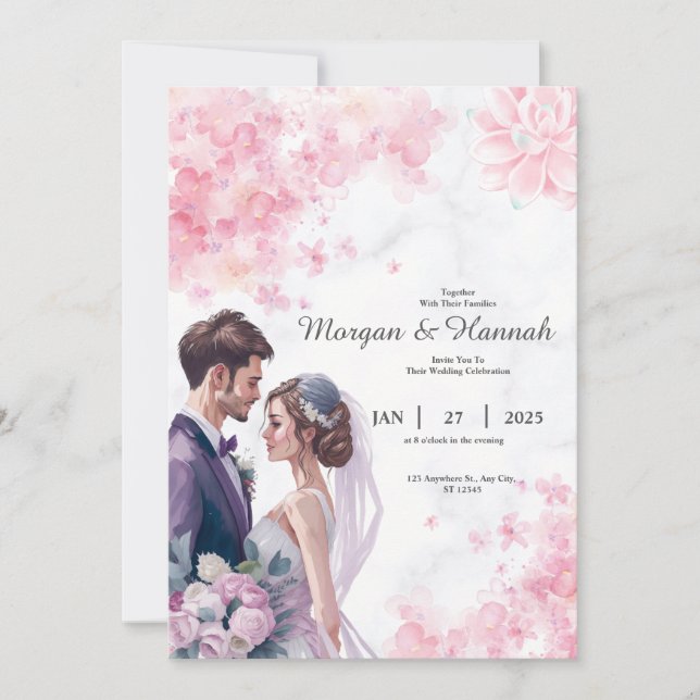 Customized Pink Floral Wedding Invitation (Front)