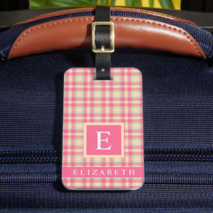 Customized Pink Peach Green Checkered Pattern Luggage Tag