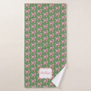 Customized Pink Poodle on Green Bath Towel