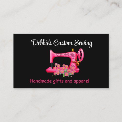 Customized Pink Sewing Machine on Black Business Card