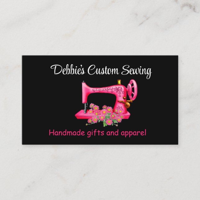 Customized Pink Sewing Machine on Black Business Card (Front)
