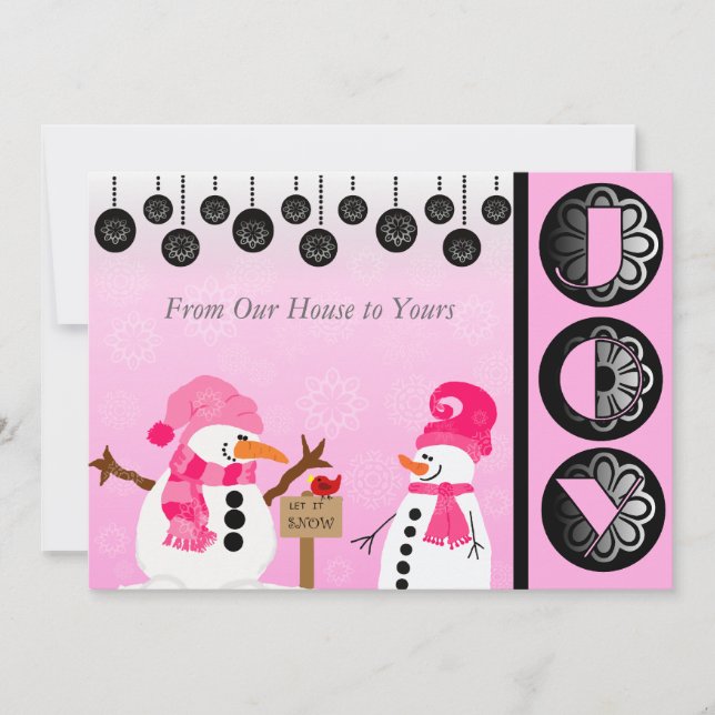 Customized Pink Snowman Joy Holiday Card (Front)