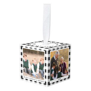 Customized Plaid 4 Photo Christmas Grandparents Cube Ornament