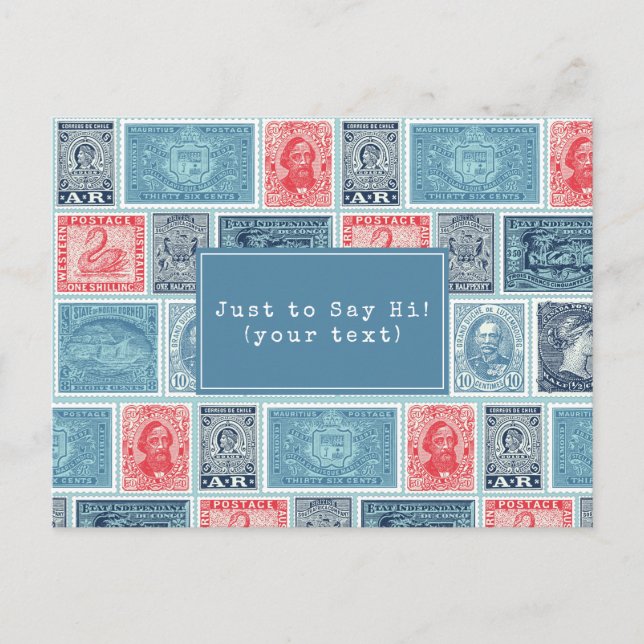 Customized Postal Stamps Vintage Blue Red Pattern Postcard (Front)
