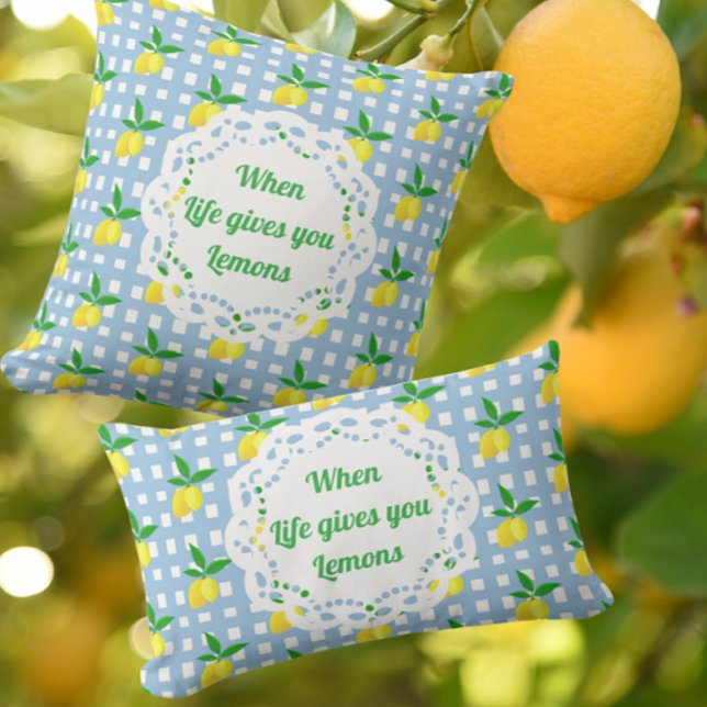 Customized Preppy Yellow Lemons Blue White Check Lumbar Pillow (Personalize with your own message!)