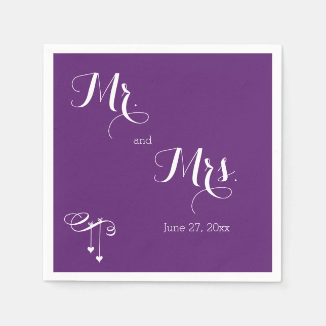 Customized Purple Mr. and Mrs. Wedding Napkins (Front)