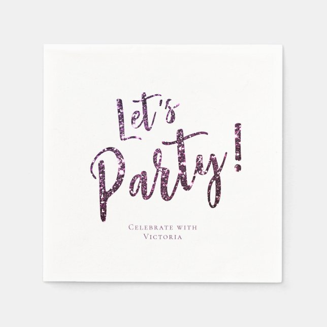 Customized purple sparkle glitter let's party napkins (Front)
