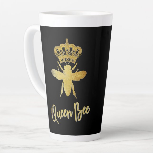 Customized ★ QUEEN BEE ★ Gold Crown + Black Latte Latte Mug (Left Angle)