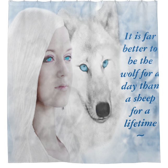 Customized Quote Snow White Wolf Lady Blue Eyes Shower Curtain (Front)