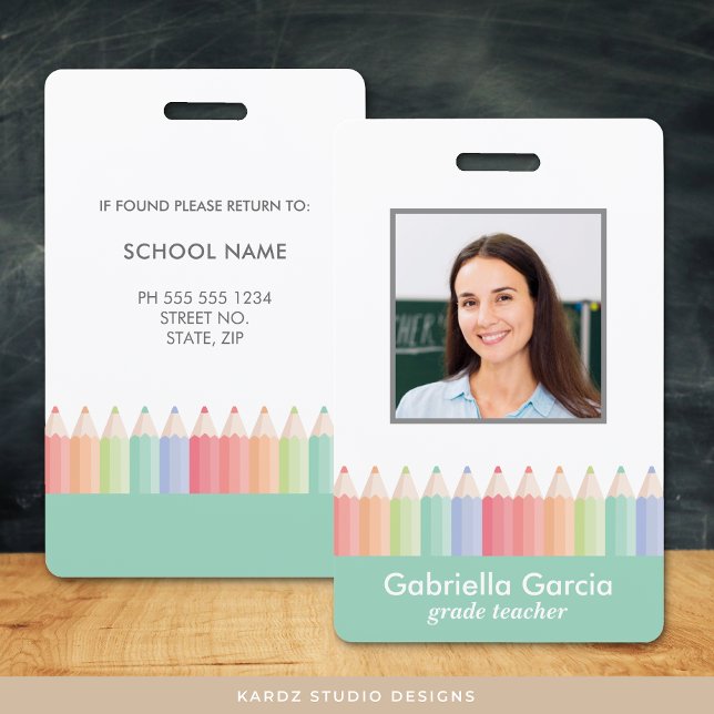 Customized Rainbow School Teacher ID badge (Teacher photo badge, school staff id bagde in soft green with colorful rainbow pencils.)