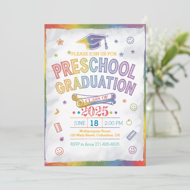 Customized Rainbow-Theme Preschool Graduation Invitation (Standing Front)