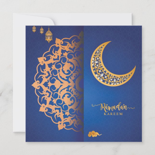 Customized Ramadan Kareem Mubarak Blue & Golden 4 Holiday Card (Front)
