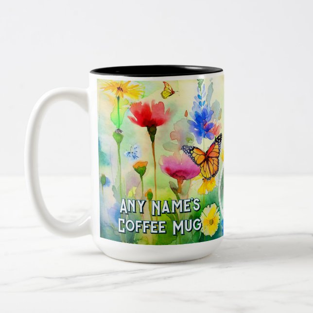 Customized Recovery Slogan w/Flowers & Butterflies Two-Tone Coffee Mug (Left)