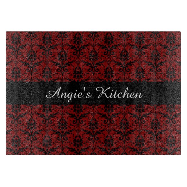 Customized Red and Black Damask Kitchen Gadget Cutting Board (Front)