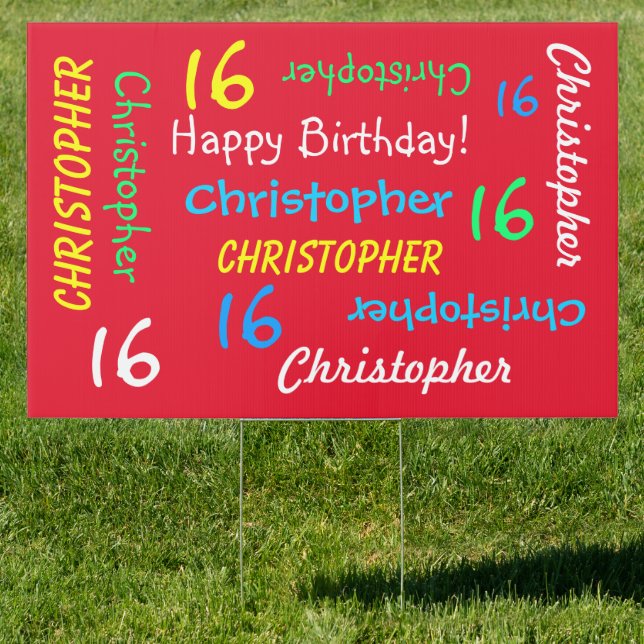 Customized Red Birthday Any Name, Age Sign (Insitu)