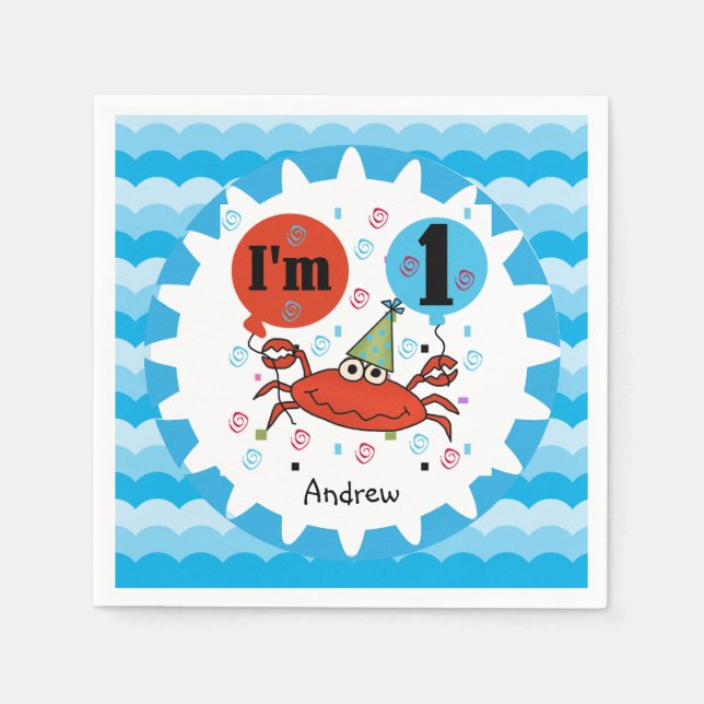 Customized Red Crab 1st Birthday Paper Napkins (Front)