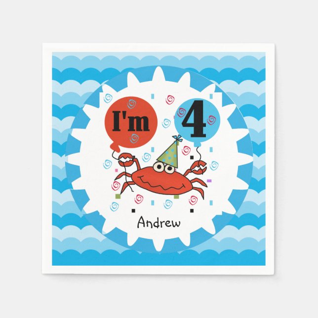 Customized Red Crab 4th Birthday Paper Napkins (Front)