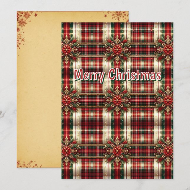 Customized Red Green Gold Festive Plaid  Holiday Card (Front/Back)