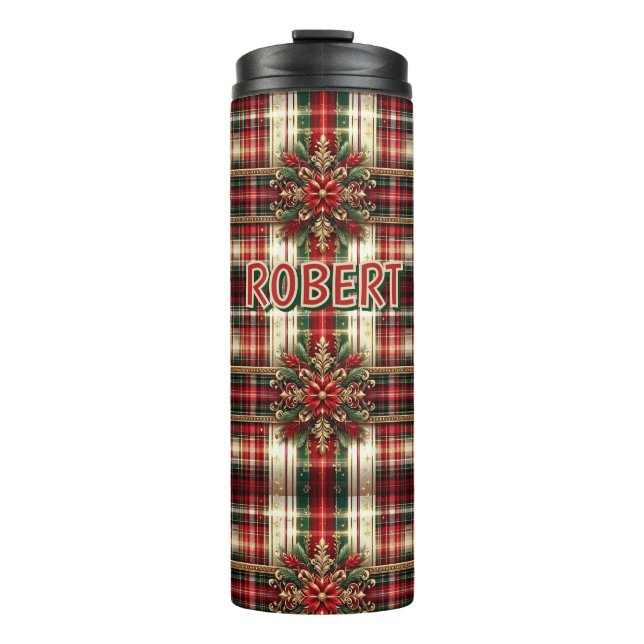Customized Red Green Gold Festive Plaid  Thermal Tumbler (Front)