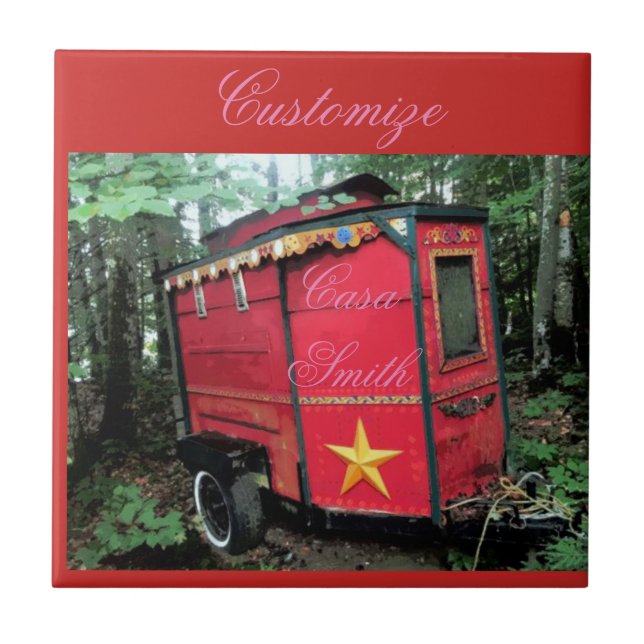 Customized Red Gypsy tiny caravan On caravan Ceramic Tile