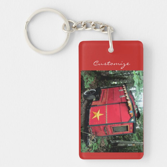 Customized Red Gypsy tiny caravan On caravan Keychain (Front)