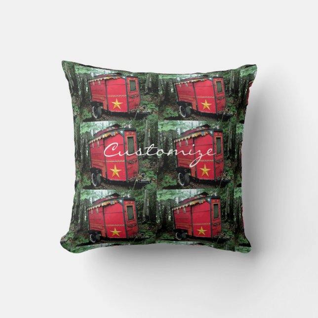 Customized Red Gypsy tiny caravan On caravan Throw Pillow (Front)
