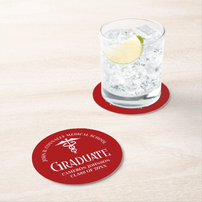Customized Red Medical School Graduation Party Round Paper Coaster (Insitu)