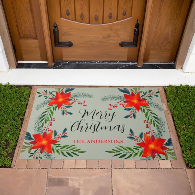 Customized Red Poinsettia Merry Christmas Doormat (Outdoor)