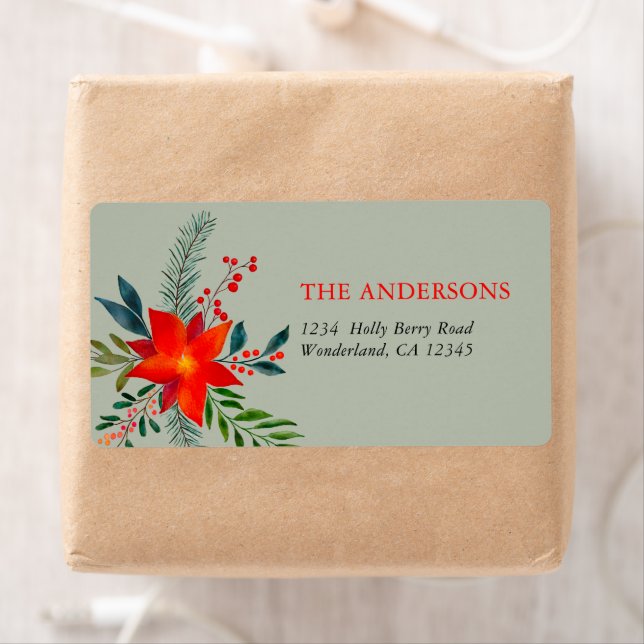 Customized Red Poinsettia Merry Christmas Label (Insitu)