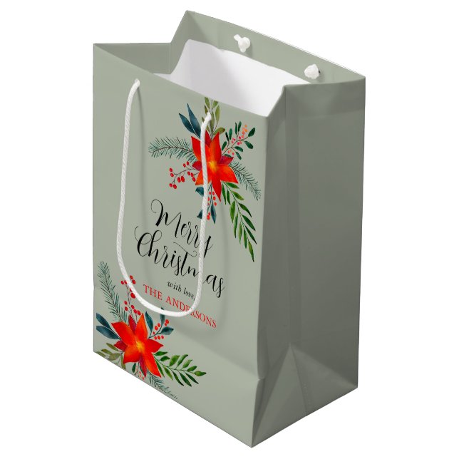 Customized Red Poinsettia Merry Christmas Medium Gift Bag (Front Angled)