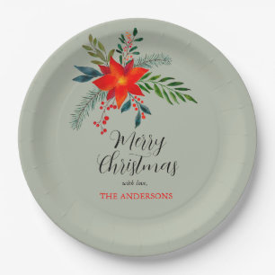 Customized Red Poinsettia Merry Christmas Paper Plates