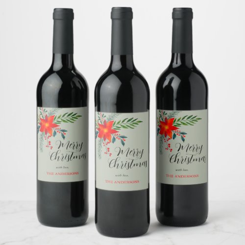 Customized Red Poinsettia Merry Christmas Wine Label
