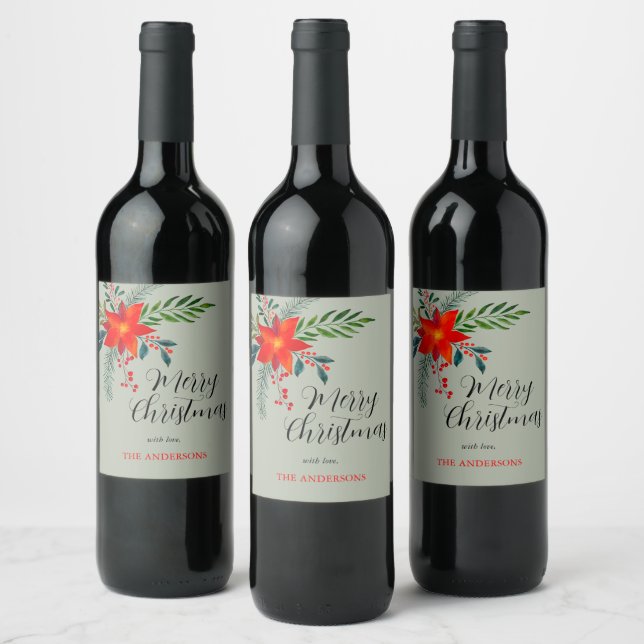 Customized Red Poinsettia Merry Christmas Wine Label (Bottles)