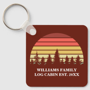 Customized Red Sunset Log Cabin Lake House Keychain