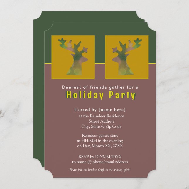 Customized Reindeer Pine Green Holiday Party Invitation (Front/Back)