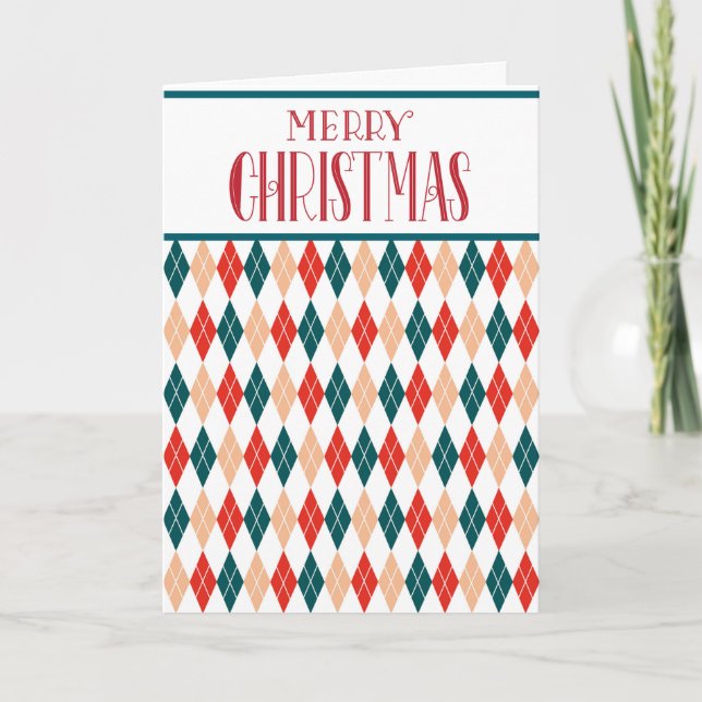 Customized Retro Christmas Red Teal Diamond Plaid Holiday Card (Front)
