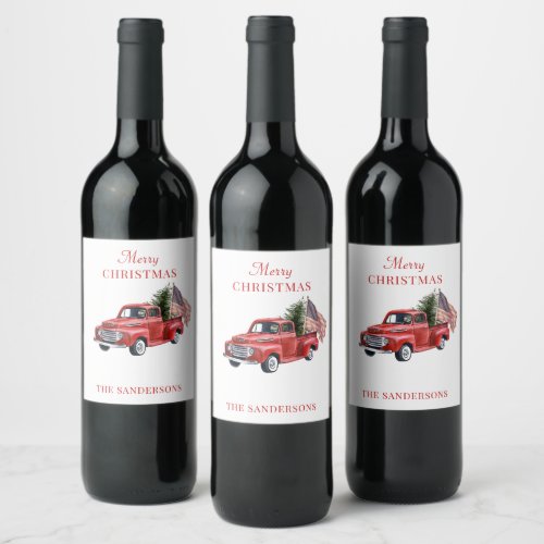 Customized Retro Red Truck American Flag Christmas Wine Label