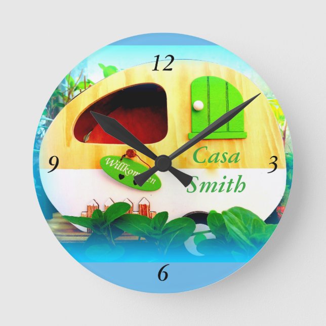 Customized Retro Vintage camper blue Round Clock (Front)