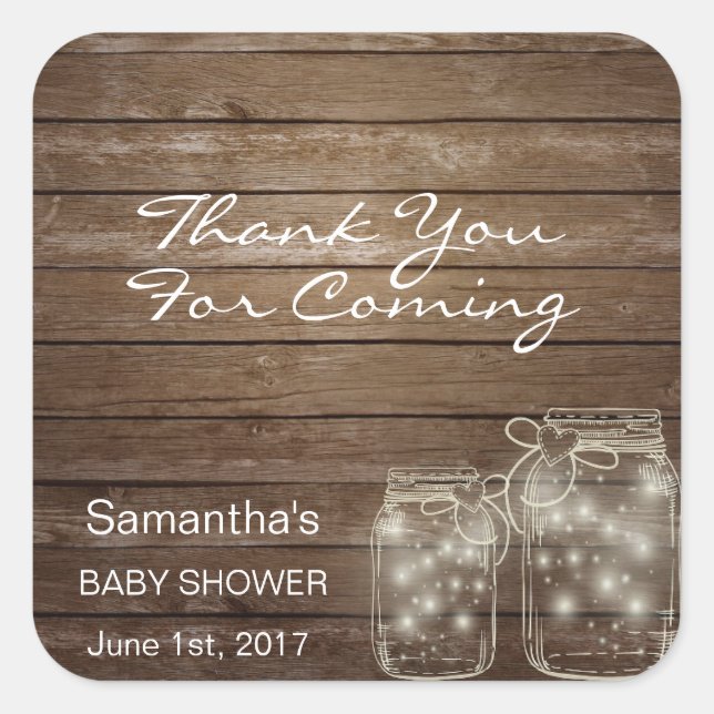 Customized Rustic Mason Jars Baby Shower Wood Square Sticker (Front)