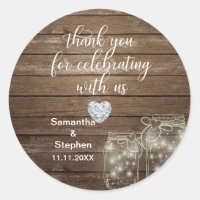 Customized Rustic Mason Jars Wood Hearts Wedding Classic Round Sticker