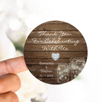 Customized Rustic Mason Jars Wood Hearts Wedding Classic Round Sticker by UniqueWeddingShop at Zazzle